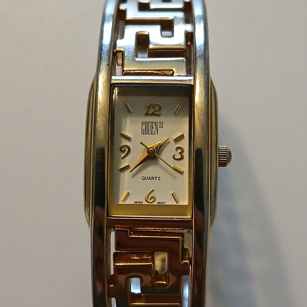 Vintage Gruen II Gold Tone Greek Key Bangle Watch GRT043 Y2K Meander Cuff